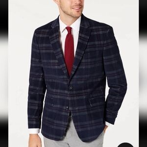 Tommy Hilfiger ModernFit THFlex Stretch NavyRed Plaid Corduroy Sport Coat Sz 46L
